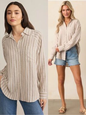 BOGO! Z Supply Perfect Linen Striped Shirt Moon Taupe Small